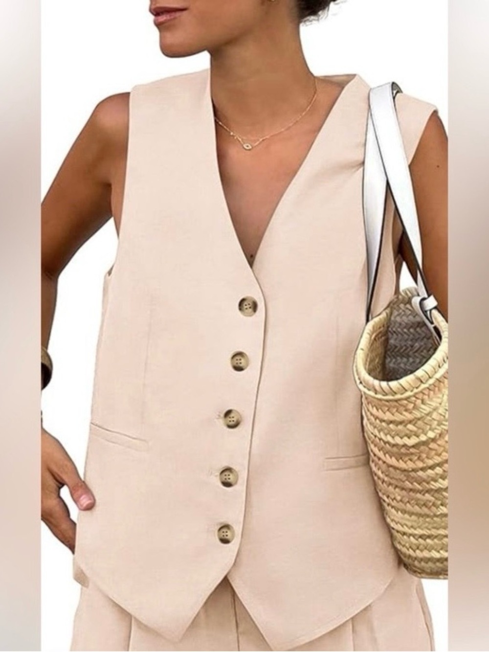 PrettyGarden Beige Vest Top with Buttons